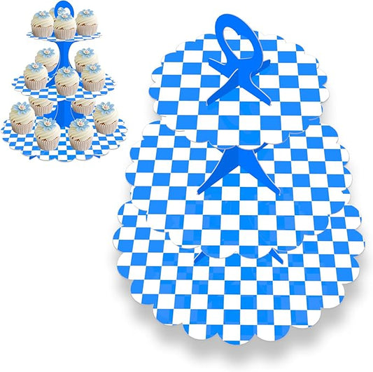 2 Pack 3-Tier Cupcake Stand,Blue White Checkered Cardboard Racing Car Theme Dessert Holder for Party Wedding Baby Shower Birthday Decor