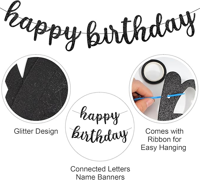 Glitter Happy Birthday Banner Sign Wall Door Banners for Women Men Boys Girls Birthday Party Backdrop Garland Decorations, Personalized Letters Name Banners Connected Black