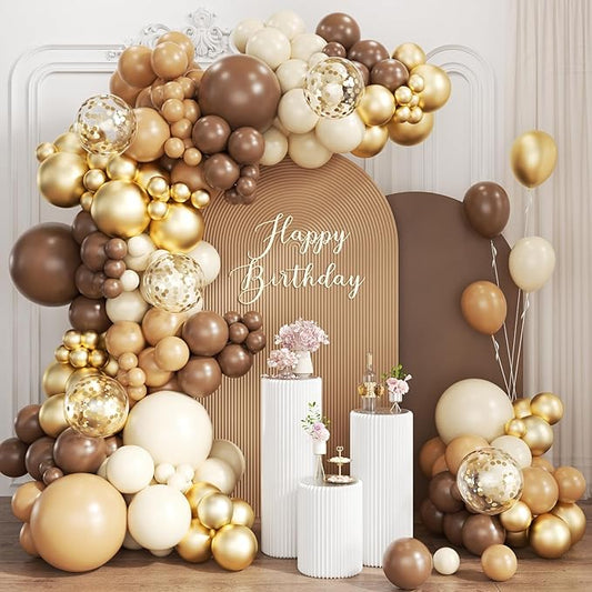 Brown Balloon Garland Arch Kit, 167Pcs Latex Balloons Different Sizes Dark Brown Camel Sand White Metallic Gold for Neutral Bear Baby Shower Safari Birthday Party Decorations