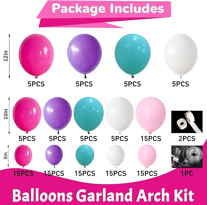 HILAVO Pink Purple Balloon Arch Kit 130 Pcs Blue Purple Pink Party Balloons Garland Pastel Hot Pink Teal Purple White Latex Balloon for Girls Mermaid Birthday Baby Shower Wedding Party Decorations