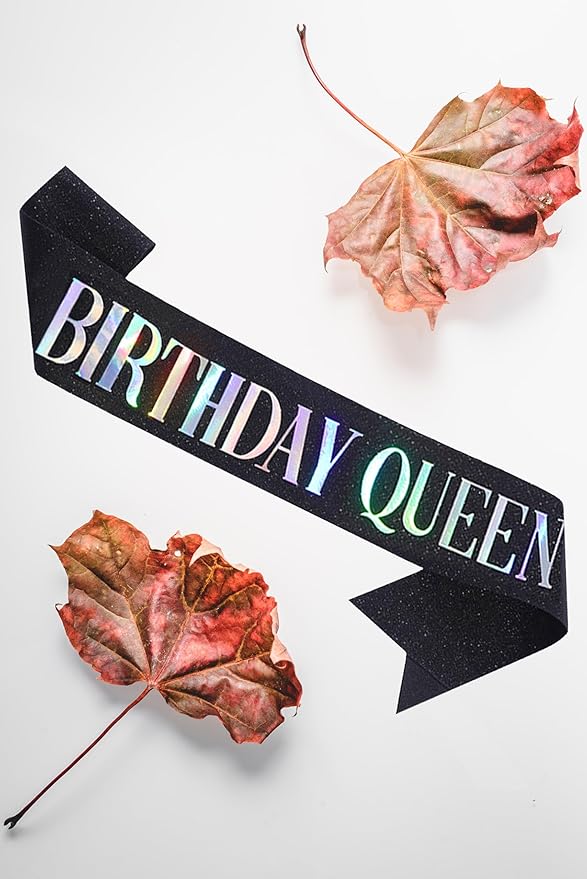 MGJSRNH 'Birthday Queen' Sash for Women,Black Glitter Satin Multicolour Foil Sash,Happy Birthday Princess Party Decorations 16, 18,21,30,40,50 or Any Other Bday Party