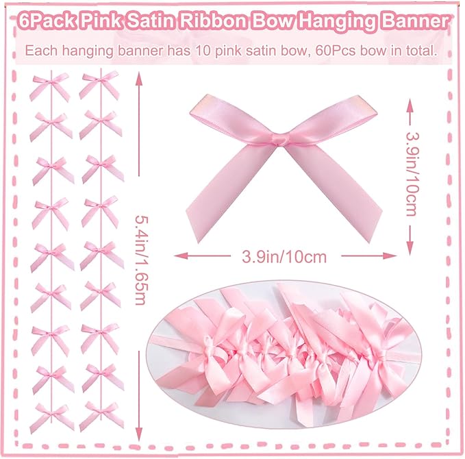 Pink Ribbon Bow Hanging Garland for Baby Shower Pink Bow Party Decorations Girls Bow Birthday Decoration Tying The Knot Bridal Shower Party Room Décor 6pcs
