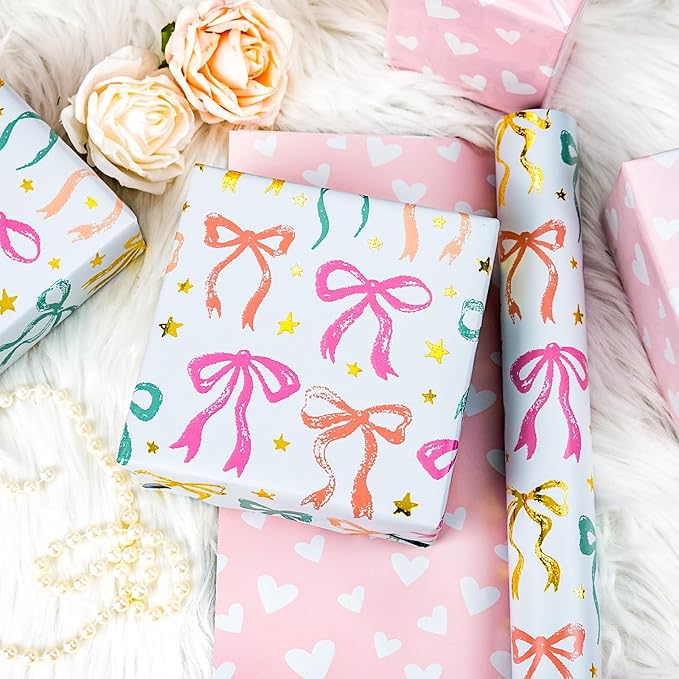 MAYPLUSS Girl Wrapping Paper Roll, Girly Bow Wrapping Paper, Reversible Elegant Bows Pink Gift Wrap for Birthday, Girl Baby Shower, Wedding, Christmas, Valentine's Day, Bachelorette(17 In X 33 Ft)