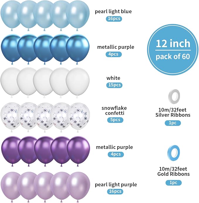 Biapian Frozen Balloons, 60 Pcs Blue Purple Balloons, 12 Inch Metallic Blue Purple Latex Balloons Silver Snowflake Confetti Balloons for Girls Frozen Snowflake Ice Snow Theme Birthday Party Decoration