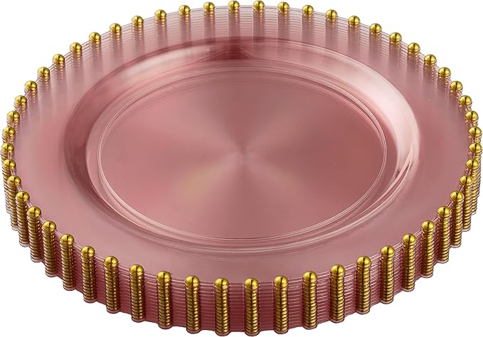 PLASTICPRO 32 Piece Combo Plastic Dinner Plates Disposable Plastic Fancy Heavy Duty Party Dishes 7 inch and 10 inch, Translucent Pink and Gold Beaded