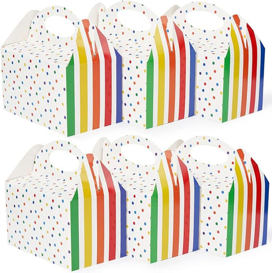 Happyhiram 50 Pcs Rainbow Party Favor Boxes for Kids Birthday Box, Polka Dot and Striped Colorful Birthday Goodie Treat Boxes with Handles 6" Gable Boxes Colorful Candy Boxes Paper Gift Boxes