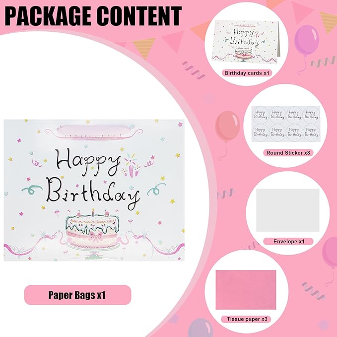 Oletx 13" Large Happy Birthday Pink Paper Bags,Pink Gift Party Favor Bags with Tissue Paper Birthday Card for Women's Party,Mother's Day,Valentine's Day