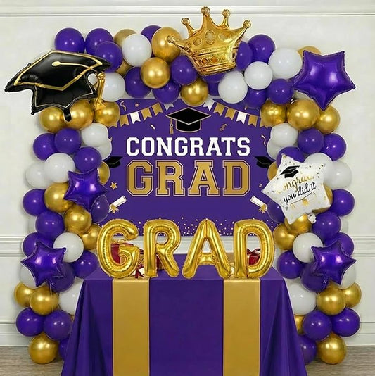 Purple White Gold Balloon Garland Arch Kit with backdrop Stars Graduation Cap crown GRAD Letters Mylar Balloons for 2026 graduate Prom Decorations