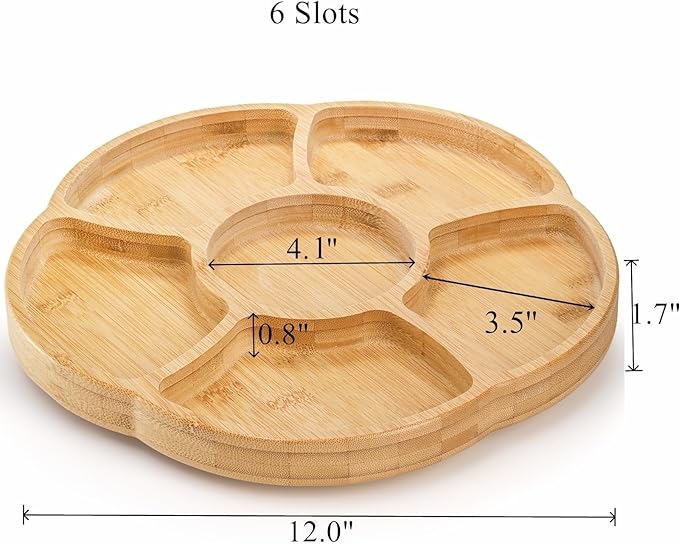 Cididu 12'' Lazy Susan Serving Tray, Bamboo Food Tray, Appetizer Divided Serving Platter Dishes, 360° Rotating Relish Party Tray, 6 Compartments Bamboo Tray for Snack Nut Fruit Veggie Chip and Dip