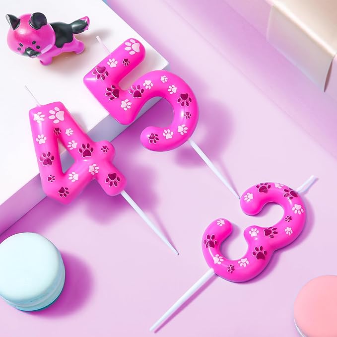 Conelist Number 3 Dog Paw Birthday Candles Dog Patrol Toppers Candles Rose Red, Pink, Purple Numeral Birthday Cake Topper for 3 Year Old Boy Girl Paw Birth Day Decoration Pet Party Supplies