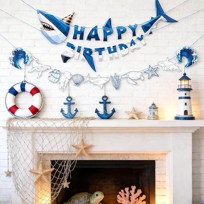 SUNBEAUTY Shark Birthday Party Decorations Shark Happy Birthday Banner Ocean Theme Hanging Shark Garland Under The Sea Pre-strung Shark Birthday Banner for Boys Baby Shower Beach Summer Pool Party（Blue）