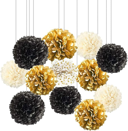 XIKSXITN 12 pc Black Gold Gradient Tissue Paper Pompoms-Hanging Gold Dot White Paper Pom Poms Paper Flowers Ball for Party Decorative(8&10&12 inch)