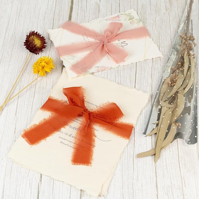 Terracotta Chiffon Ribbon 1 Inch x 21Yds Handmade Fringe Chiffon Silk Ribbon Dusty Pink/Cream Frayed Chiffon Ribbon for Thanksgiving Wedding Invitation Flower Bouquets Bridal Shower Gift Wrapping
