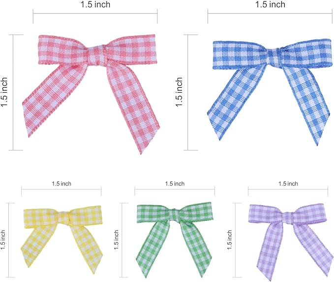 Meseey 100 Pcs 1.5 Inches Premade Craft Bows Self Adhesive Pink Green Blue Purple Yellow Gingham Ribbon Bows for Treat Bags Gift Wrapping Basket Wedding Baby Shower Brithday Party(Spring Set)