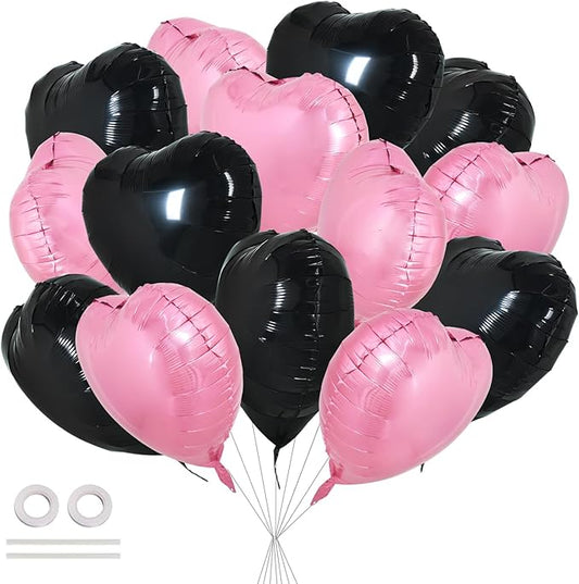 TONIFUL 30Pcs 18 Inch Pink Black Heart Balloons Valentine’s Day Heart Shape Foil Mylar Balloons Decoration for Romantic Valentine's Day Wedding Bridal Shower Anniversary Engagement Party Supplies