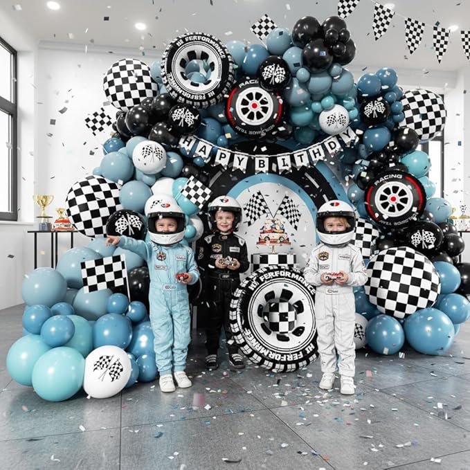Race Car Balloon Arch Kit - 175Pcs Different Size Balloons Tire Flags Checkered Black Blue White Balloon Garland Kit for Racing Car Two Fast 2nd Theme Birthday Anniversary Party Decorations