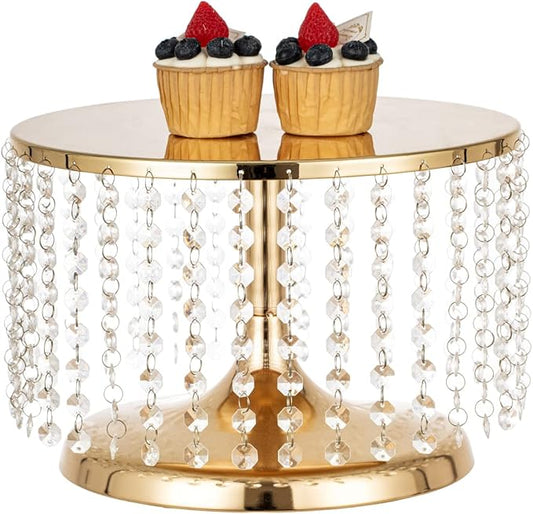 Cake Stand for Dessert Table 12 Inch Gold Crystal Pendants Metal Cake Stand Serves as A Round Dessert Cupcake Display Plate for Table, Wedding, Party, Event