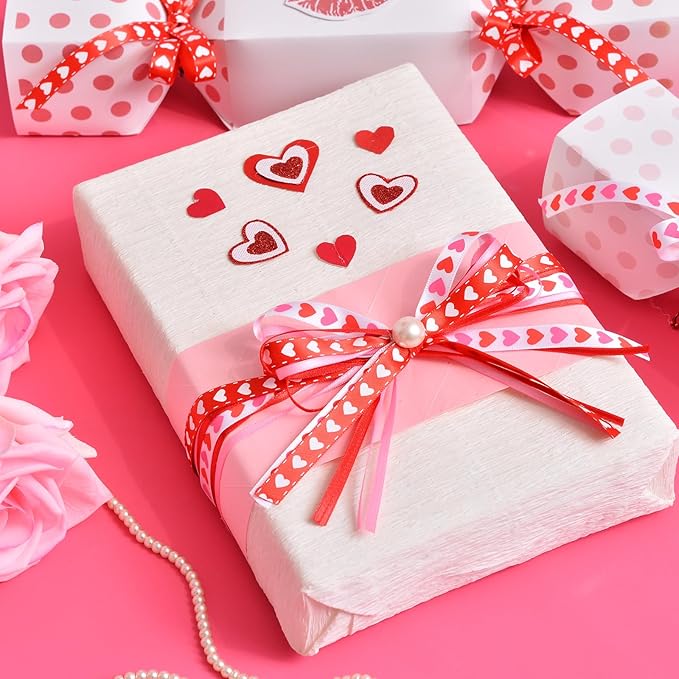 Ribest Valentine’s Day Ribbon Set, 3/8 Inch Heart Satin Ribbons for Valentines Gift Wrapping Crafts Flower Bouquet Candy Decoration Hair Bows, 2 Roll × 10 Yards Total 20 Yards, Red Pink White