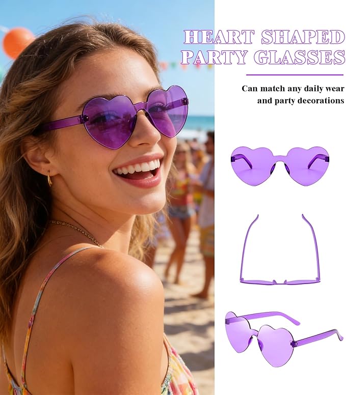 Matcheck 48 Pack Heart Rimless Sunglasses Frameless Colored Party Glasses Transparent Fun Eyewear for Adult
