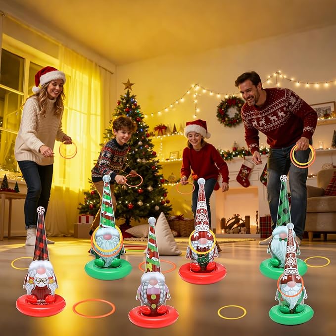 6 Pack Inflatable Christmas Gnome Ring Toss Game,Christmas Party Games for Kids,Adults,Family,Indoor Outdoor Game Garden Toy