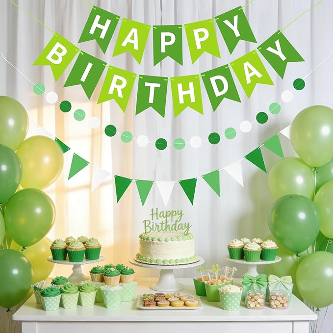 Green Happy Birthday Banner, Happy Birthday Decorations Hanging Birthday Sign Circle Dot Triangle Bunting for Women Men Girl Boy Party Supplies