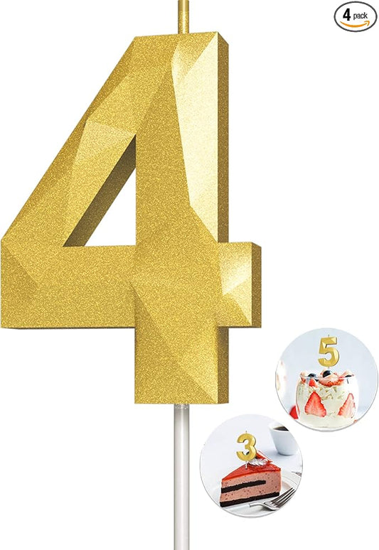Number Birthday Candles(4 Candle Gold) 3D Diamond Shape Number Happy Birthday Cake Candles for Birthday Party Wedding Decoration Reunions Theme Party