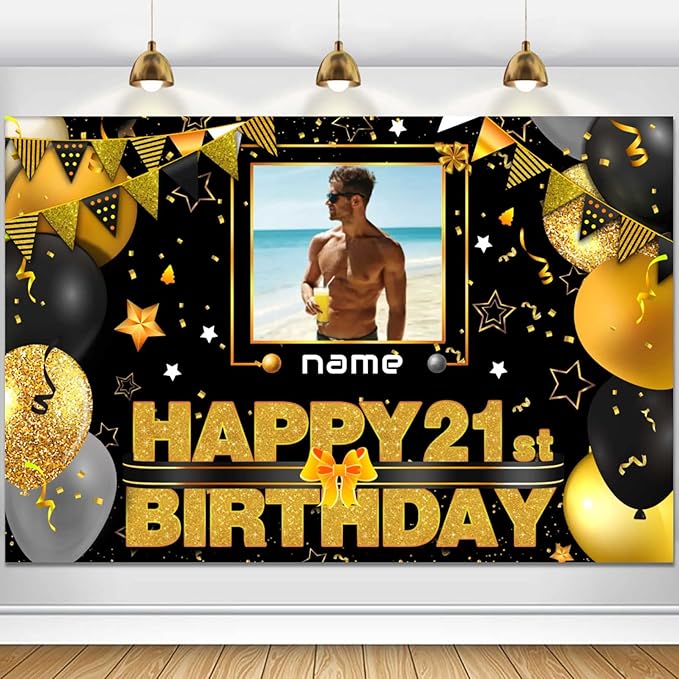 Personalized Black and Gold Decoration Banner for Custom Photos and Names - Happy 21st Birthday Celebration Supplies