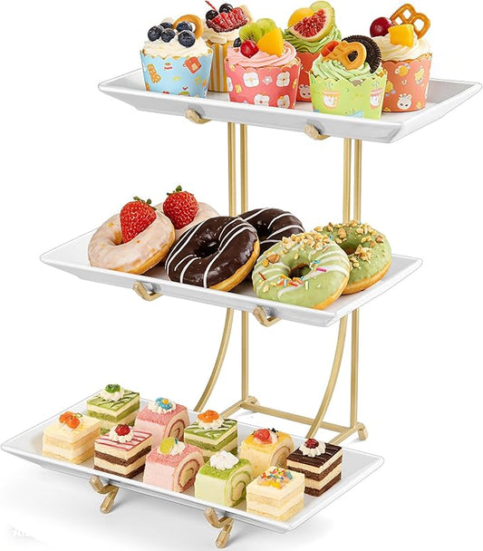 3 Tier Serving Tray Set – 12 Inch Porcelain Serving Platters with Pre-Assembled Gold Metal Stand, No Installation Required, Tiered Tray for Dessert Fruit Food Display and Party Entertaining
