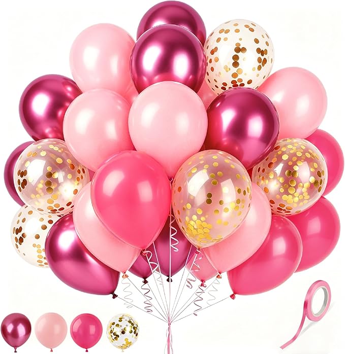 Hot Pink Balloons Metallic Fuchsia and Gold Confetti Balloon, 60 Pcs 12 Inch Latex Metallic Pink Balloons with 1 Ribbon, for Birthday Wedding Bridal Shower Party Decorations