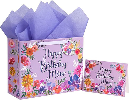 WRAPAHOLIC 13" Large Mom Birthday Gift Bag with Card and Tissue Paper - Elegant Floral with Happy Birthday Mom Design