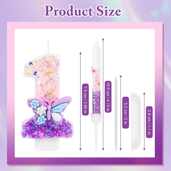 AKURIEEY Butterfly 1st Birthday Candle Purple Number 1 Candle with 6 Pcs Long Candles for Girls Cake Topper Cupcake Decor Party Decoration Anniversary Celebrations Supplies