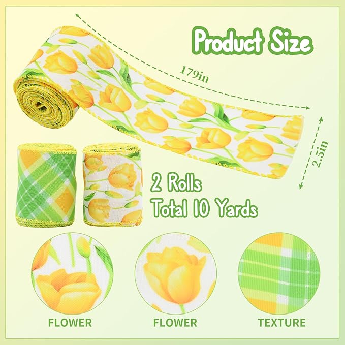 2 Rolls Yellow Tulip Wired Ribbon - 2.5 Inch Wide, 10 Yards Total, Tulip Floral Pattern, Cheerful Summer Floral Ribbon for Wedding Decor, DIY Crafts & Gift Wrapping