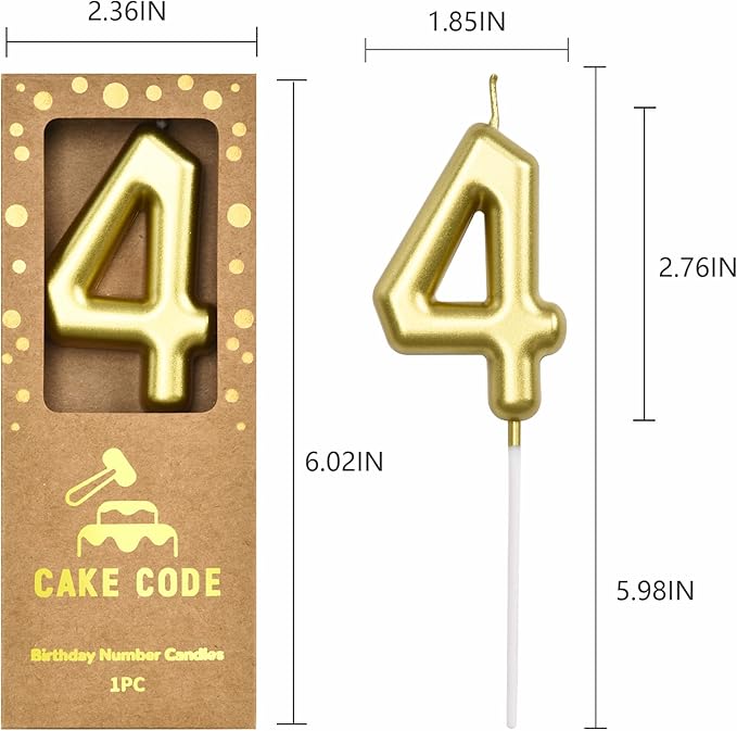 2.76 Inch Classical Gold 4 Number Birthday Candles, Gold Number Candles, Cake Number Candles, Party Celebration