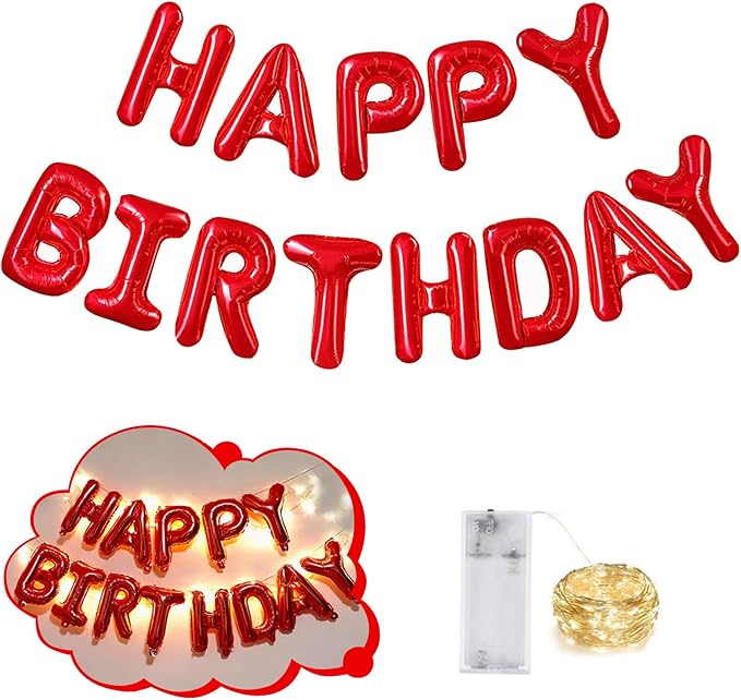 CANREVEL Happy Birthday Banner 13pcs 16 Inch Mylar Foil Letters Sign Balloons with LED Lights Birthday Party Decorations for Kids and Adults - 3D Red