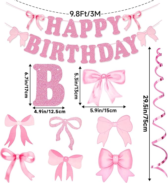 jijAcraft Pink Happy Birthday Banner, Pink Bow Party Banner with 14Pcs Bow Swirls Hanging Garland, Girl Baby Shower Garland, Coquette Birthday Decoration for Wall, Fireplace, Window