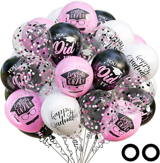 OuMuaMua 75 Pack Graduation Party Decorations Balloons Set - 12 Inch Pink Black White Confetti Graduation Balloons with 2 Ribbons for Class of 2026 Congrats Grad Birthday Party Decor Supplies