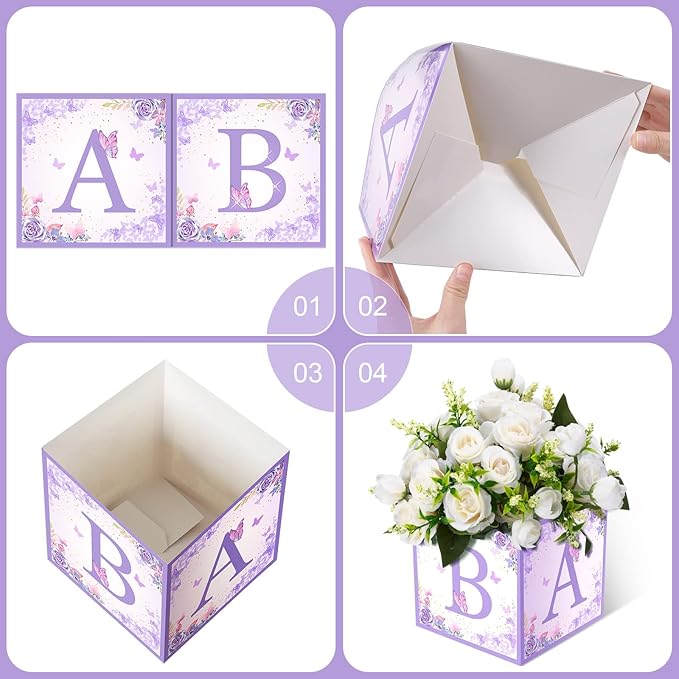 Bucherry 6 Pcs Baby Shower Centerpieces with Letters, 7" Baby Blocks Flower Boxes for Table Decorations, Gender Reveal Party Supplies & Photo Props(Purple,Purple Butterfly)
