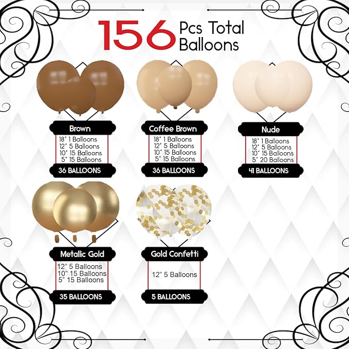 Archloon 156pcs Brown Balloon Garland Arch Kit, Different Sizes 18 12 10 5 inch Brown Nude Latex Metallic Confetti Gold Balloons for Neutral Bear Baby Shower Safari Birthday Party Decorations Supplies