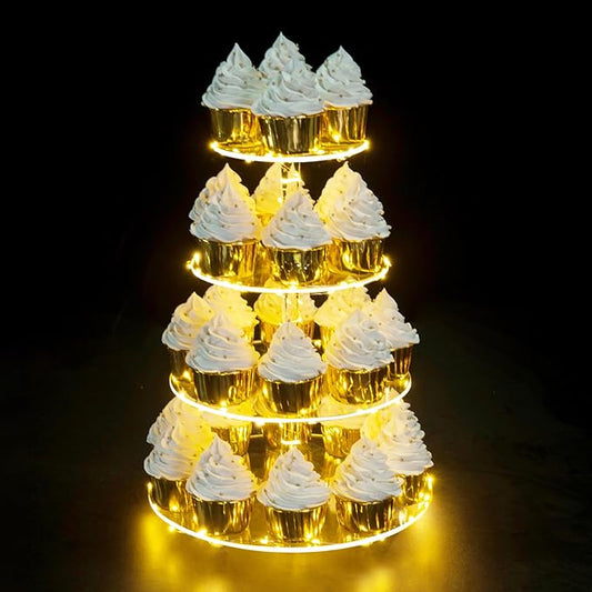 Cupcake Stand, 4-Tier Round Cupcake Holder with LED light String, Acrylic Cupcake Tower Display-Dessert Tower-Pastry Stand-Cupcake Tier Stand for Wedding, Birthday party ( Yellow Light)