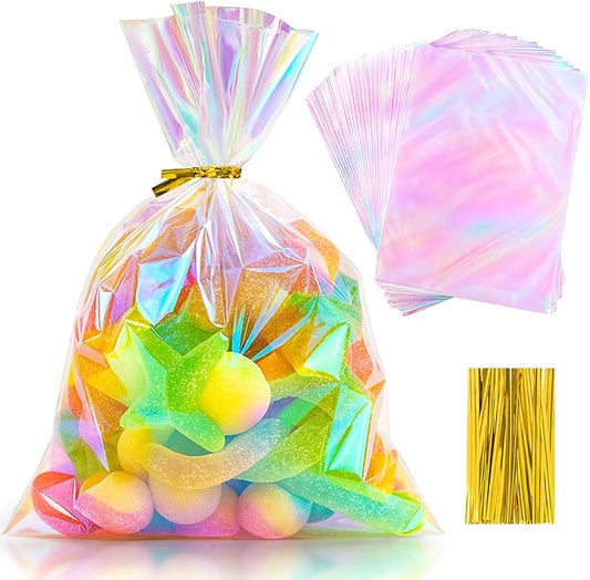 Aubeco 180Pcs Iridescent Cellophane Treat Bags with Ties, 5x7 Inch Holographic Plastic Goodie Baggies for Party Favors, Candy, Cookies Packing, Gift Wrapping