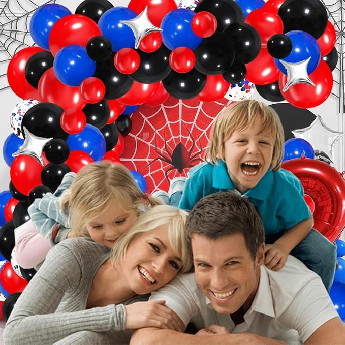 Red Blue Black Balloon Garland Arch Kit - Blue Black Balloons Red BlueBalloons Silver Tinsel Foil Fringe Curtain for Super Spider Hero Man Boys Birthday Graduation New Year Party Decorations