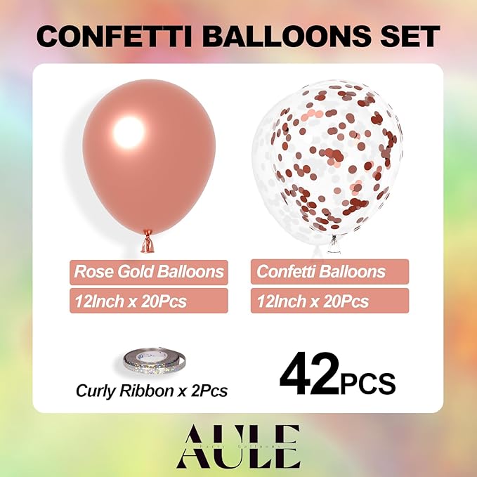 AULE Party Balloons Pack of 42 - Metallic Chrome Rose Gold Balloons and Rose Gold Confetti Latex Helium Balloons With 64ft Ribbons - 12 Inch Balloon Decoration Kit