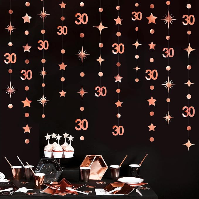 Rose Gold 30th Birthday Decorations Number 30 Circle Dot Twinkle Star Garland Metallic Hanging Streamer Bunting Banner Backdrop for Her Dirty 30 Year Old Birthday Thirty Anniversary Party Supplies