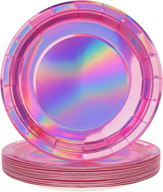 FunisFun Disco Plates Disposable Disco Ball Plates for 70s Disco Party Decorations Wedding Birthday Bachelorette Party 9" (Iridescent Pink, 9IN25P)
