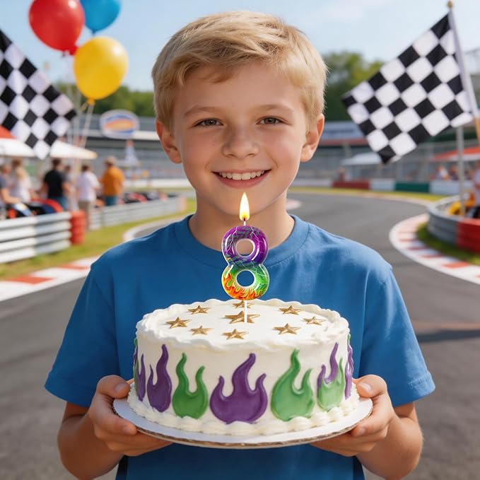 Number 8 Birthday Candle for Cake – Purple Green Flame Design with Lightning & Tire Track Pattern – Off-Road Truck Theme Cake Topper for Birthday Party Decoration