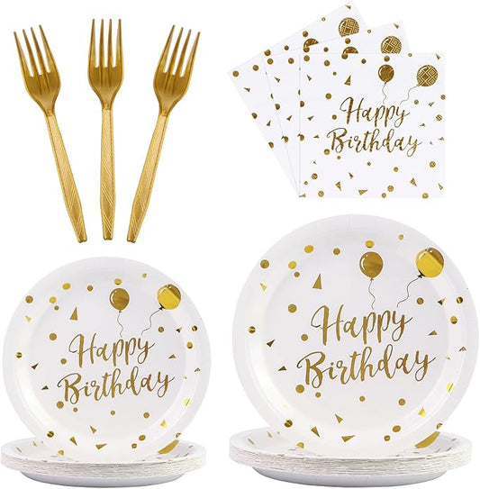 96PCS Happy Birthday Plates and Napkins Party Supplies, White and Gold Disposable Paper Plates and Napkins with Forks Tableware Set for Birthday Party Decorations 24 Guests (Birthday White)