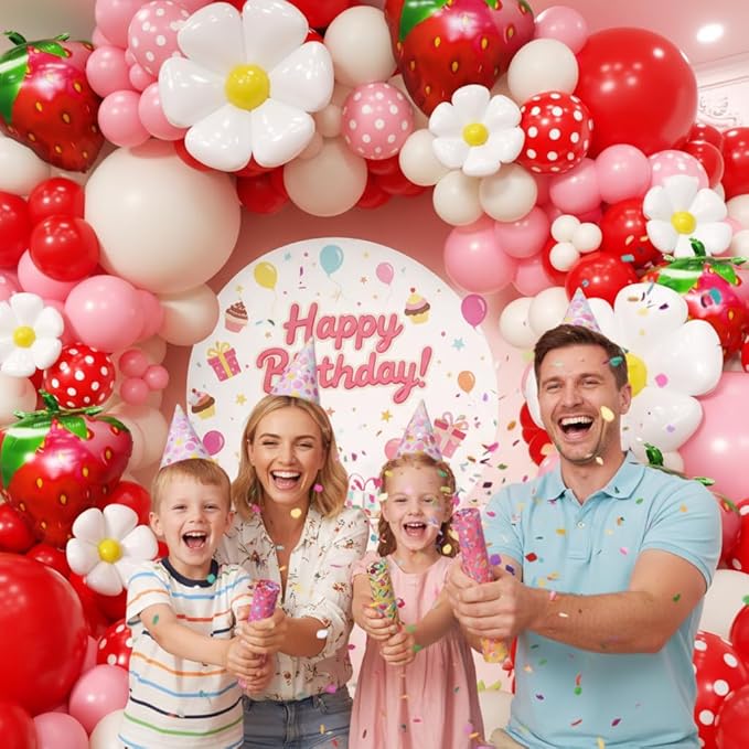 Strawberry Balloon Arch Kit 188Pcs with Strawberry Daisy Foil Balloons, Red Pink White Balloons for Sweet One Berry First Birthday Wedding Baby Shower Gender Reveal Girls Princess Party Decor