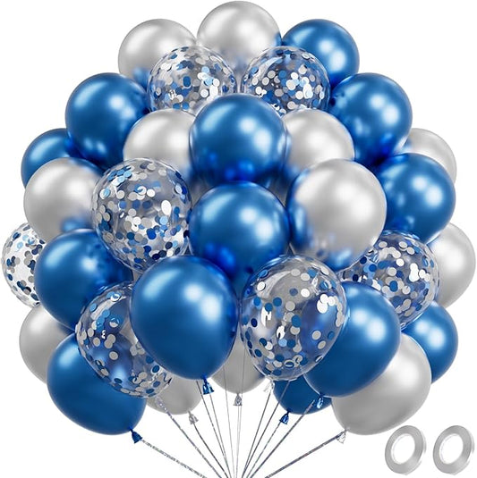 Metallic Shiny Blue and Silver Balloons 12 Inch 67PCS Silver Blue Confetti Balloons Latex Helium Balloon Set for Graduation Wedding Birthday Party Decorations