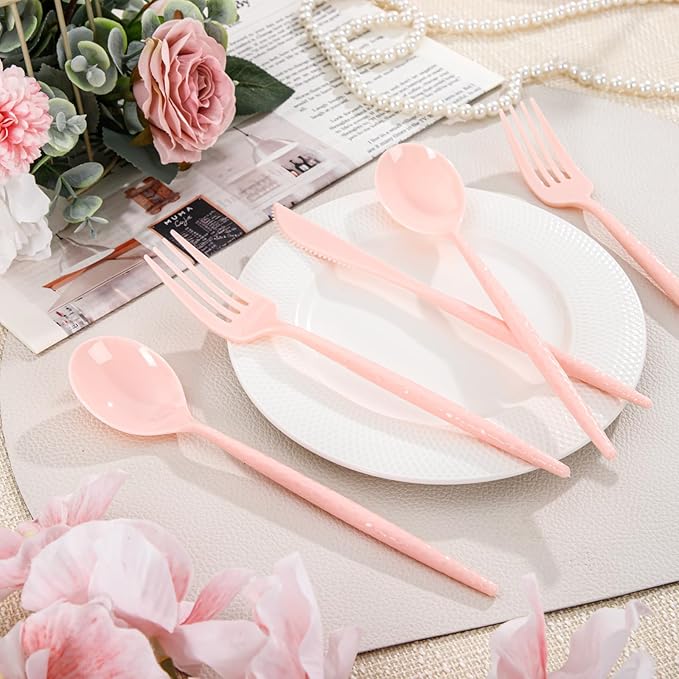 Supernal 360pcs Pink Plastic Silverware Set - Hammered Design Heavy Duty Disposable Cutlery (120 Forks, 120 Spoons, 120 Knives) | Elegant Pink Utensils for Baby Shower, Wedding & Bridal Shower