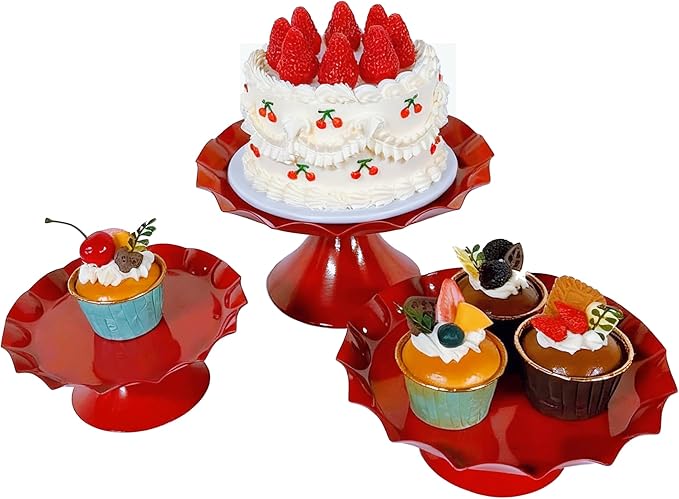 3 Tier Metal Cake Stand Set, Scalloped Edge Cupcake Tray Dessert Display Platter, Decorative Serving Stand for Wedding, Birthday, Tea Party (Red)